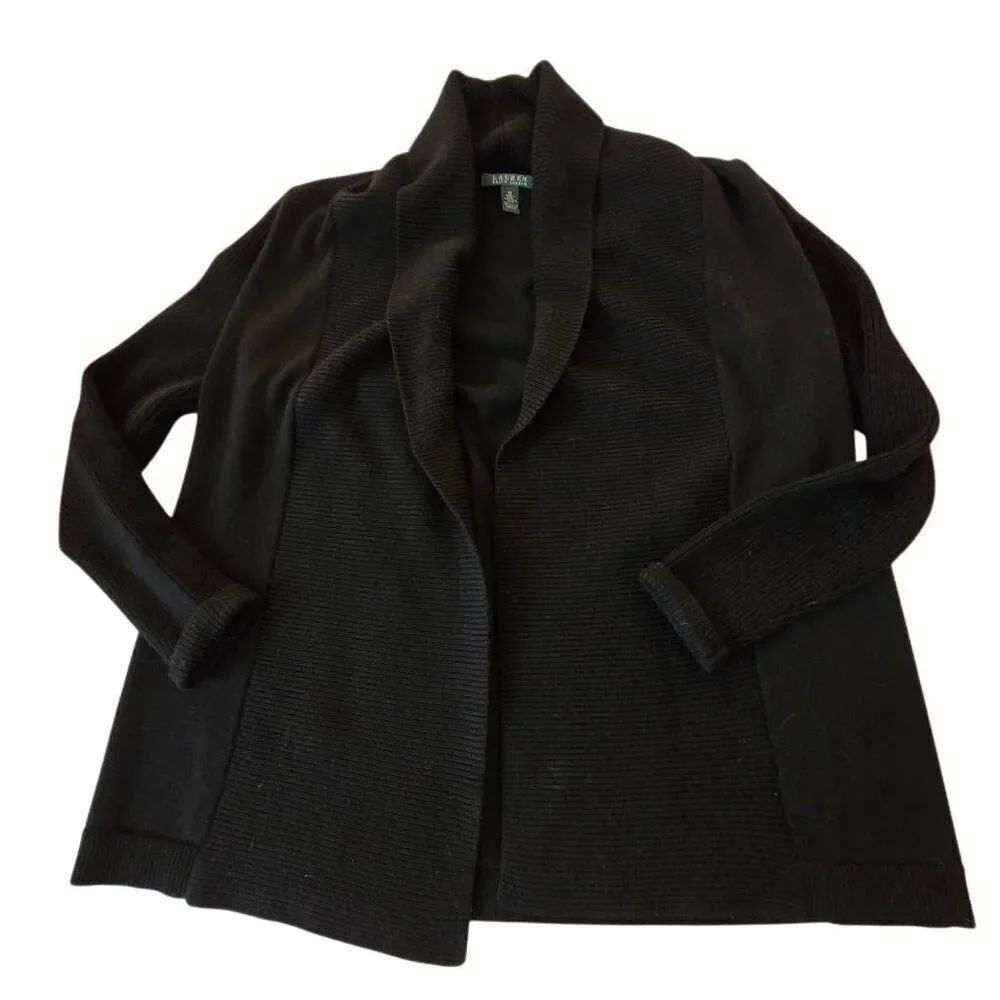 Lauren Ralph Lauren Womens Shawl Collar Black Merino Wool Cardigan Sweater Mediu
